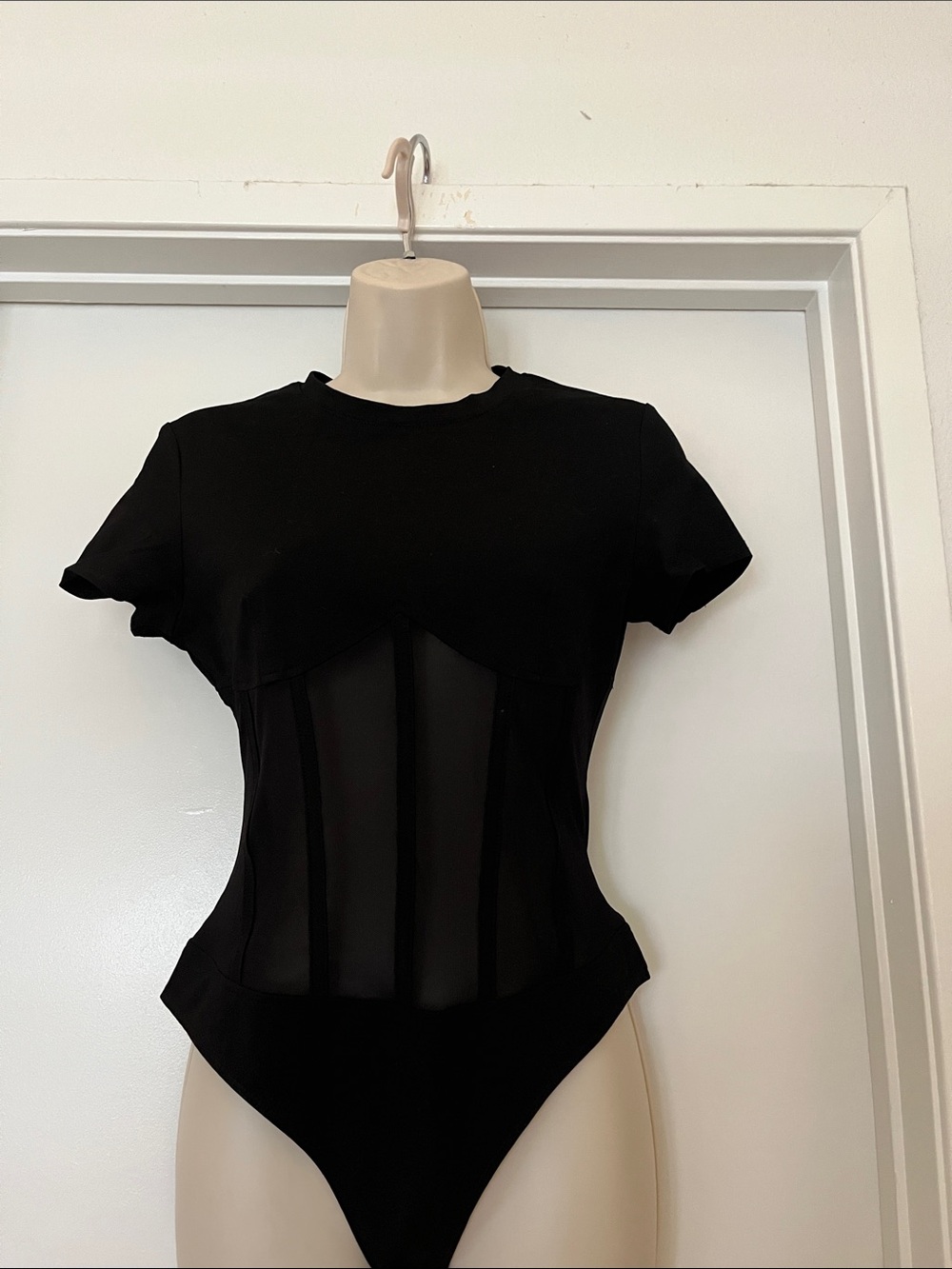 Fashion Nova Black Short-Sleeve Sheer Corset Bodysuit